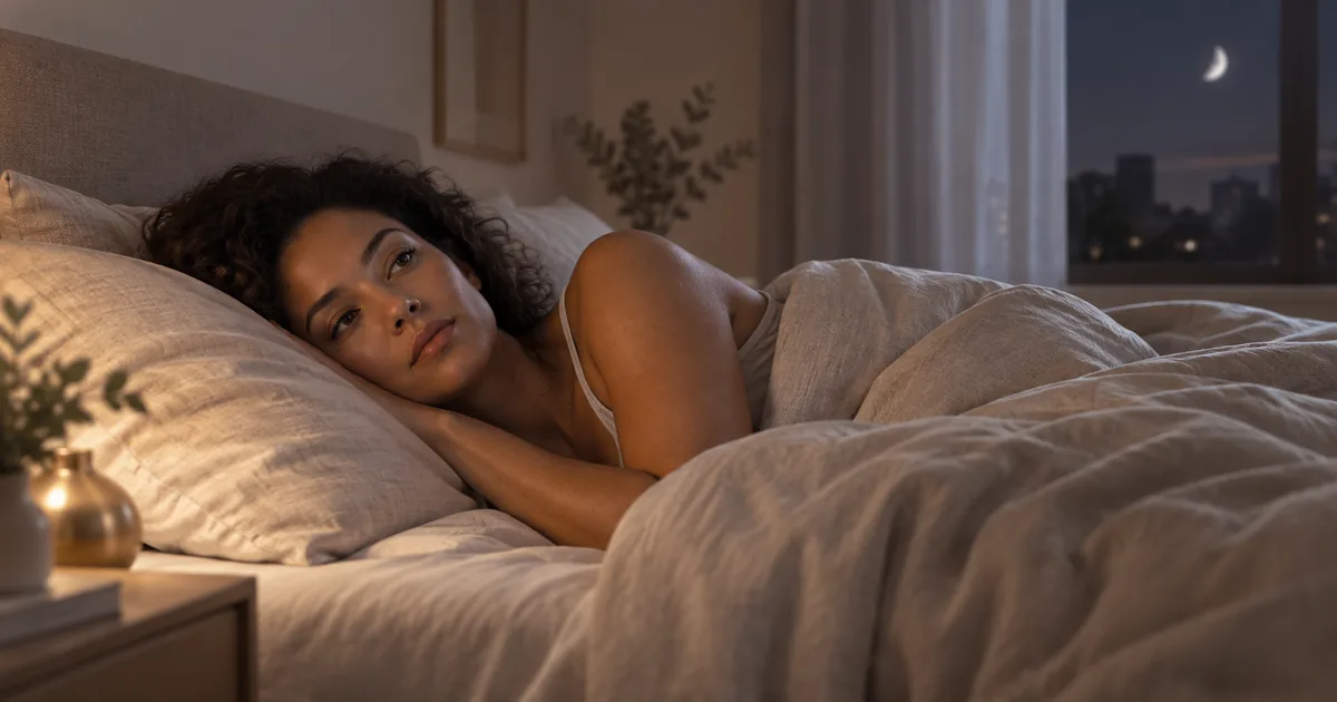 Pessoa deitada na cama, acordada à noite, representando a dificuldade para dormir (insônia).