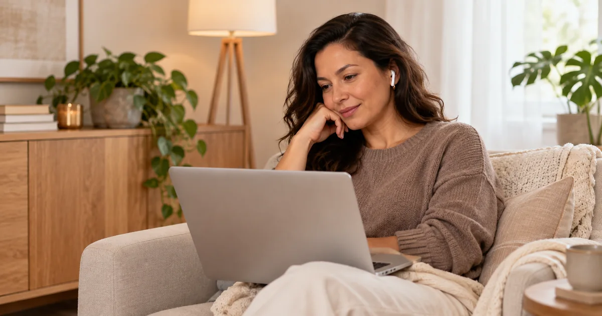 Pessoa adulta em consulta online de saúde mental, conversando por videochamada pelo notebook em um ambiente tranquilo