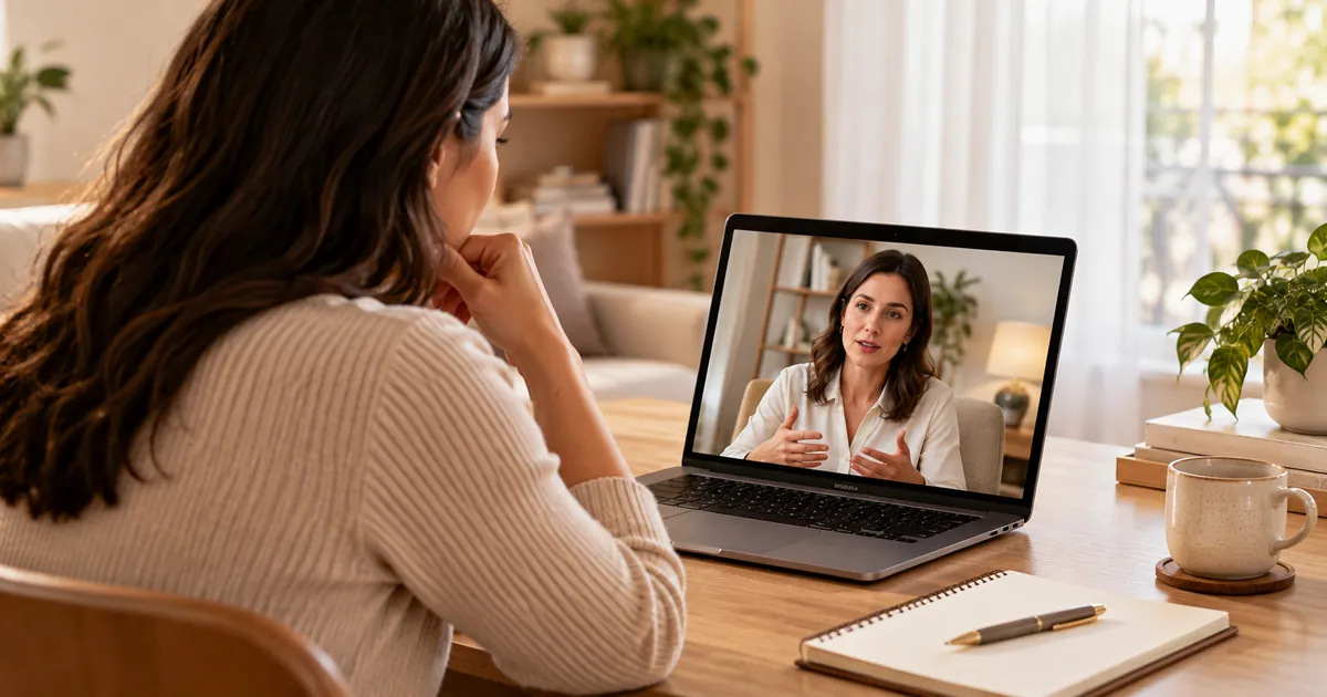 Pessoa adulta em consulta online de psiquiatria conversando com a médica sobre a duração do tratamento
