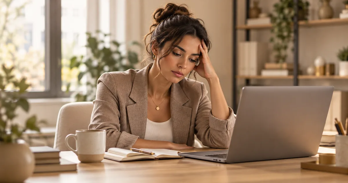 Profissional cansado diante do computador, representando o estresse e a saúde mental no trabalho
